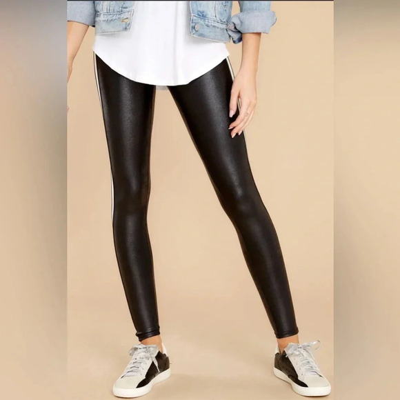 Spanx Women’s Faux Leather Very Black Side Stripe Leggings Tummy Control Size S - Picture 2 of 12